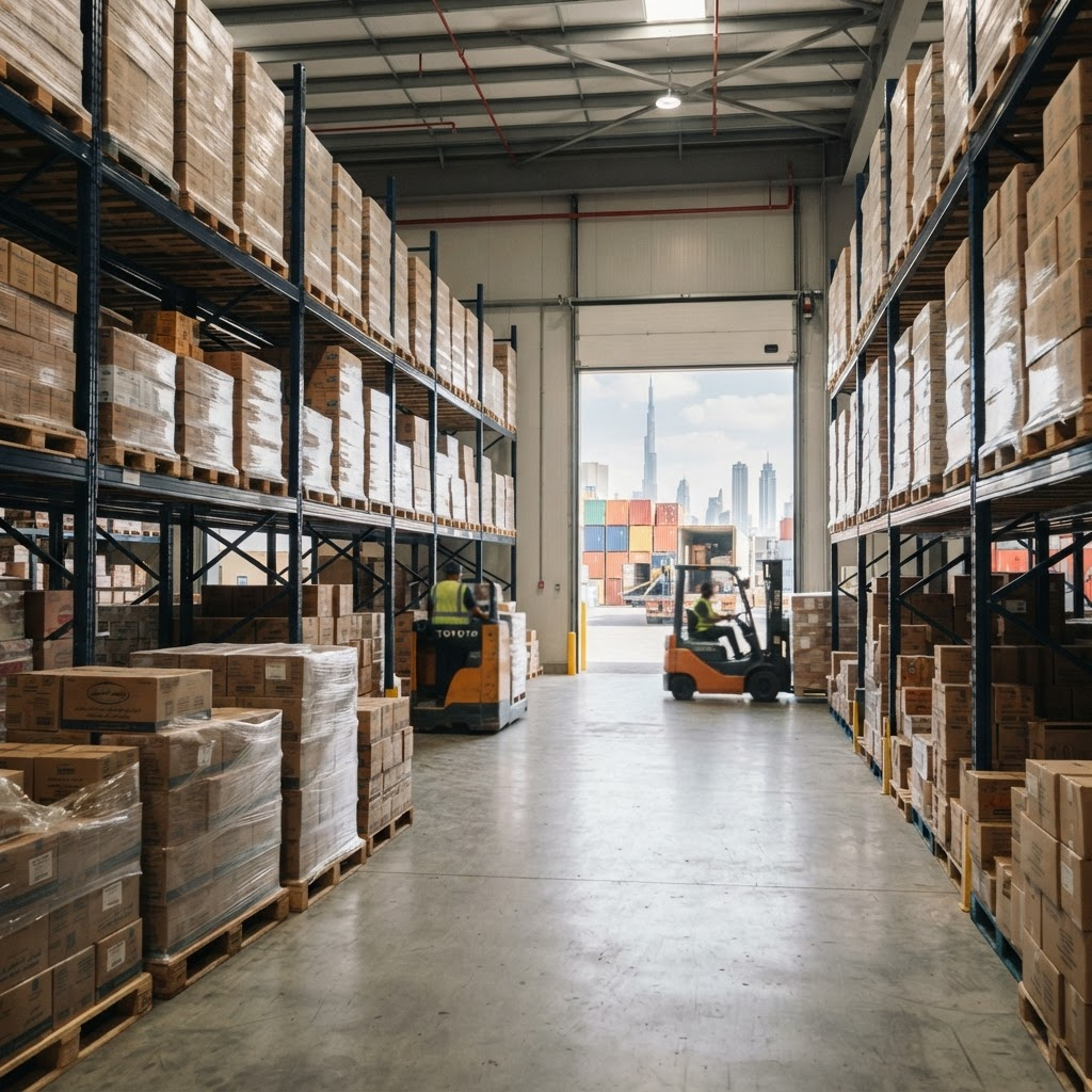 Foodstuff distribution warehouse with palletized grocery cartons in Dubai